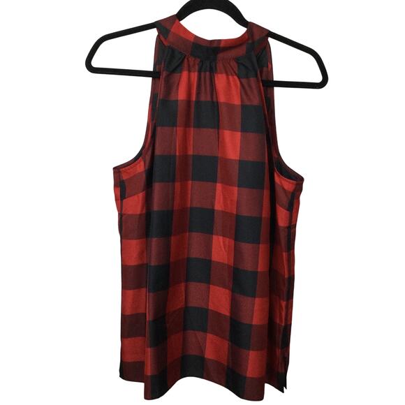 Talbots Buffalo Plaid Mock Neck Tie Back Keyhole  Sleeveless Red Black Top Sz 12 - Picture 1 of 11